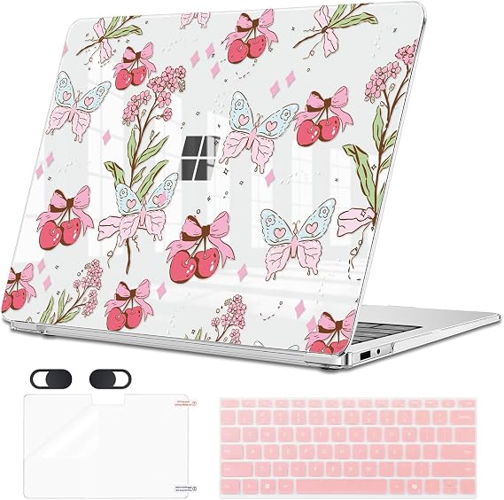 2095 Microsoft Surface Laptop 13" Windows 11 Copilot+PC+Touchscreen 2025, Cute Print Pattern Plastic Hard Shell Case with Keyboard Cover, Screen Film, Butterfly & Cherry