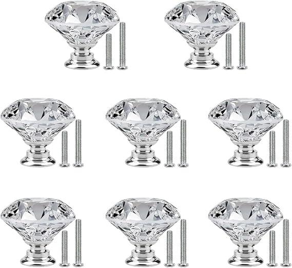 Crystal Drawer Knobs Drawer Handles Crystal Glass Diamond Shaped | Wardrobe Door Handles with 2 Sizes Screws,Cupboards Door Knobs for Dresser Drawers, Kitchen, Bathroom Cabinet,Office (8PCS)