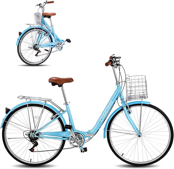 Ktaxon Foldable Beach Cruiser Bike, 26" Folding Women's Bike with 7 Speed Shifting, Foldable Basket, Adjustable Seat, Removable Lock & Dual V-Type Brakes for Women & Adults