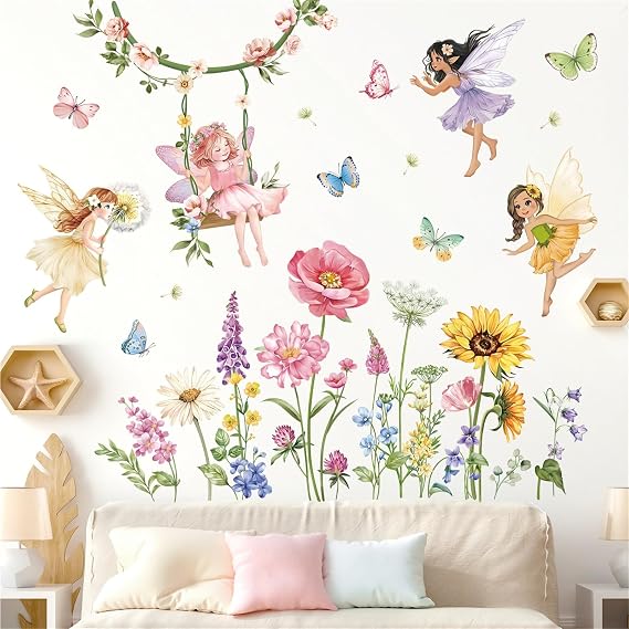 decalmile Flower Fairy Butterfly with Wildflower Wall Decals Stickers