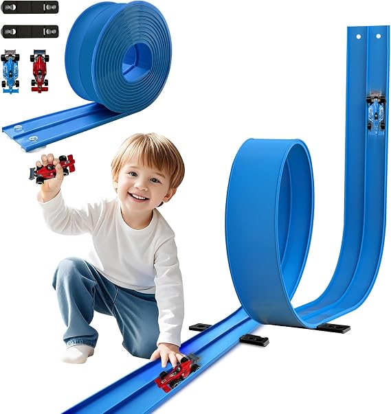 Car Track 4.5M Fits Hot Wheels, Speed Race Track for Toy Cars with 2 Diecast 1/64th Cars, Double-Sided Flexible Race Track Fits Monster Truck toys, Toys Gifts for 3 4 5 6 7 Years Old Boys Girls