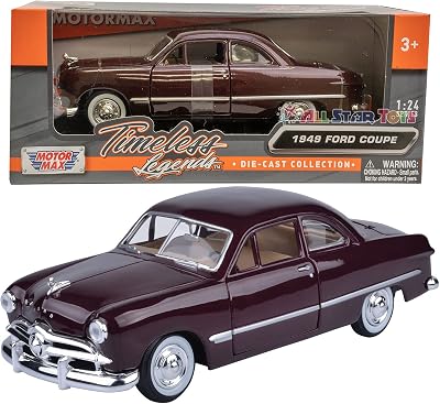 1949 Ford Coupe, Burgundy - Motormax Premium American 73213-124 Scale Diecast Model Car,Unisex-Children