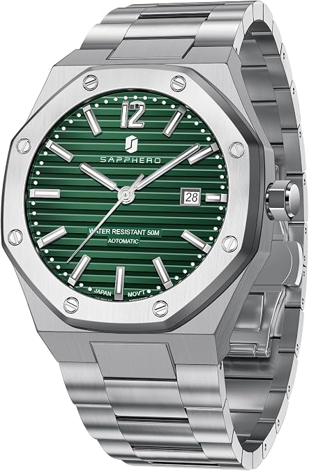 SAPPHERO Mens Watches 50M Waterproof, Men's Mechanical Automatic Watch, Modern Stylish Business Stainless Steel Strap Watch for Men with Date Elegant Mens Gift