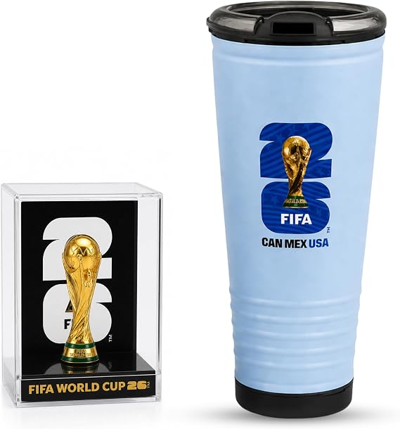 Official FIFA World Cup 2026 Edition - 3 Inch 3D Trophy Inside Acrylic Case + Host Country USA's 24oz Insulated Vuvuzela Rowdy Tumbler & Built in Horn & Built in Horn