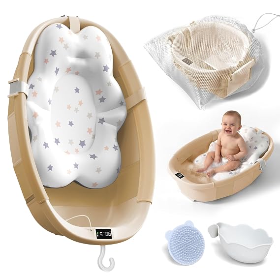 Collapsible Baby Bathtub - Large Baby Bath Tub with Thermometer | Bath Essential Banera para Bebe Easy Fold Baby Tub | Travel Infant Newborn Toddler Bathtub for Baby Girl Boy 0 to 36 Months(Khaki)
