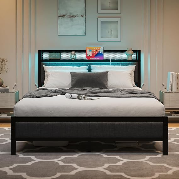 5ft King Size Bed Frame with Storage Headboard Shelf,USB&LED Lights | Upholstered king size storage bed frame,Wooden Shelf, Heavy Duty Metal Slats,No Box Spring, Easy Assembly, Gray, for Bedroom