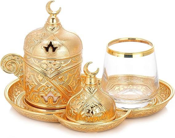 Hakan Turkish Coffee Service Set with Glass, Candy Bowl and Tray | Turkish Coffee Cup Set | Single Turkish Coffee Cup with Water Glass and Candy Bowl, Coffee Set for One Person, 2 oz (Gold)