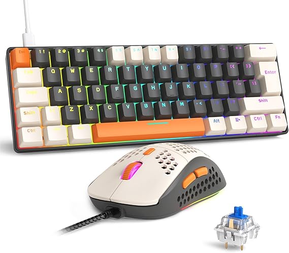 RK-T60 Wired 60% TKL Mechanical Gaming Keyboard Led Rainbow Backlight Ultra-Compact NKRO Linear Red Switch ABS Keycap RGB Honeycomb Mice Coiled Aviator Cable for Windows Laptop PS4/PC/WIN Gamer