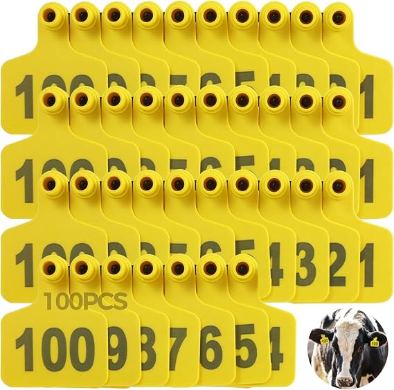 100PCS Cattle Ear Tags, Plastic Livestock Ear Tag for Sheep Cattle Calf Hog,001-100 Number Laser Printed, Easy Use with Round Livestock Identification Tools