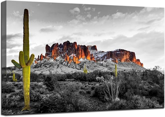Biuteawal Superstition Mountains Sunset Wall Art Arizona Western Desert Cactus Landscape Paintings Canvas Art Print Nature Pictures for Home Wall Decoration Ready to Hang