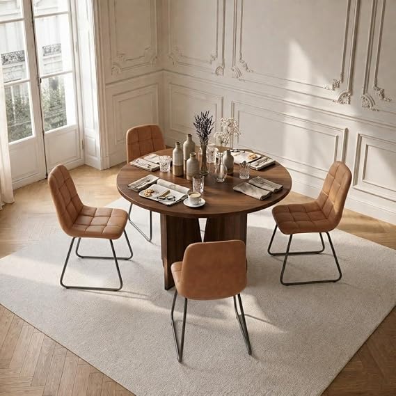 HIPIHOM Modern Round Dining Table Set for 4, 39.4" Walnut Kitchen Table with 4 PU Leather Chairs, 5-Piece Mid-Century Dining Room Set for Small Spaces, Pedestal Base