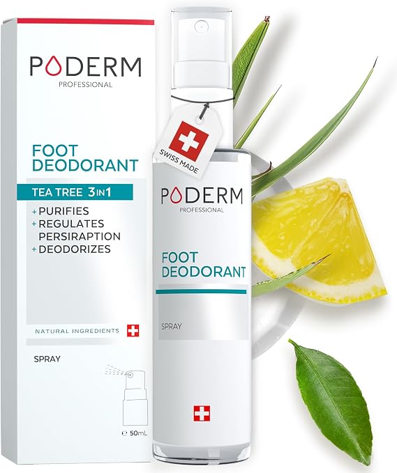 PODERM Anti Odor Deodorizing Spray - 50 ML | Tea Tree, Mint & Lemon | Helps Regulate Perspiration for a Fresh Feeling | Professional Foot Care | Fast & Easy | Created by a Podiatrist in Switzerland