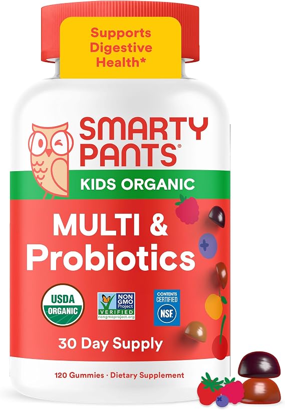 SmartyPants Organic Kids Multivitamin Gummies: Probiotics, Omega 3 (ALA), Beta Carotene, Vitamin B12, B6, A, K & Zinc for Immune Support, Biotin,