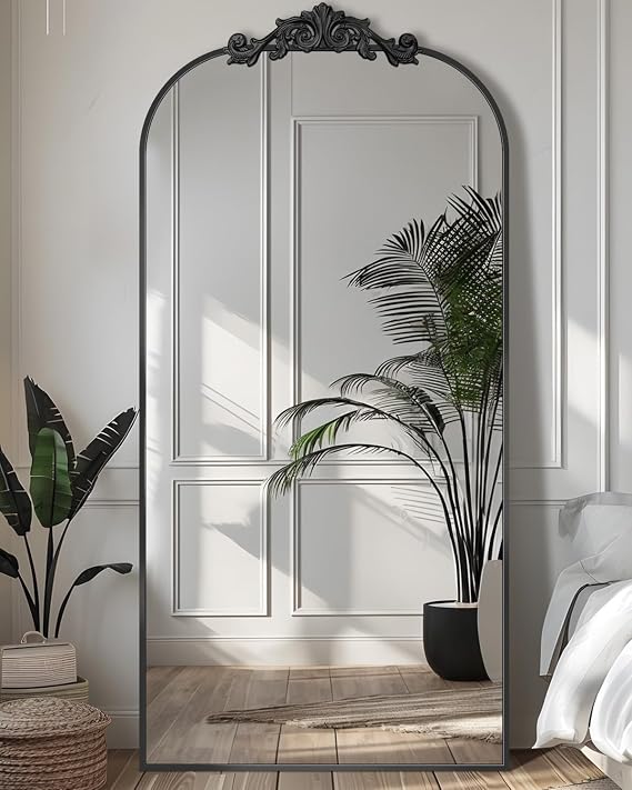 Antok Arched Full Length Mirror, 71"x28" Floor Mirror with Carved, Full Body Mirrors for HomeDecor, Standing/Halling Large Wall Mirror for Bedroom, Living Room, Cloakroom, Black, Retro Style