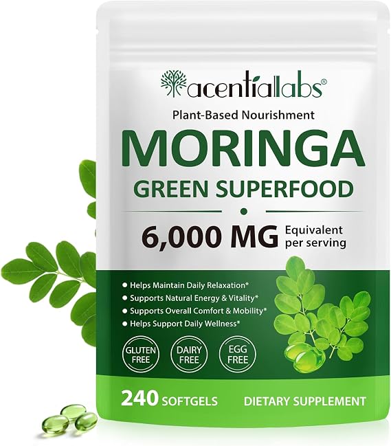Moringa Capsules, 6000mg Moringa Tablets, Pure Moringa Leaf Extract Vegan Powder Capsules, No Additives, 1-Month Supply, 240 Capsules