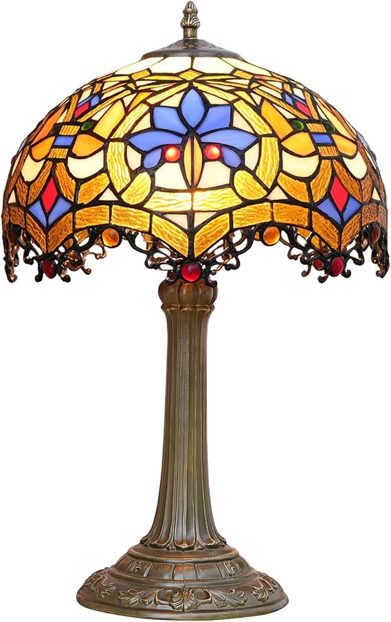 Tiffany Style Table Lamp, Stained Glass, Multicolor, 12x12x18 Inch, Antique Brass Finish, Includes LED Bulb [Energy Class F]