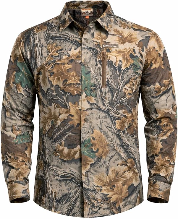 Realtree Mens Long Sleeve Camo Hunting Shirt - Lightweight Breathable Button Down with UPF 50+ Sun Protection