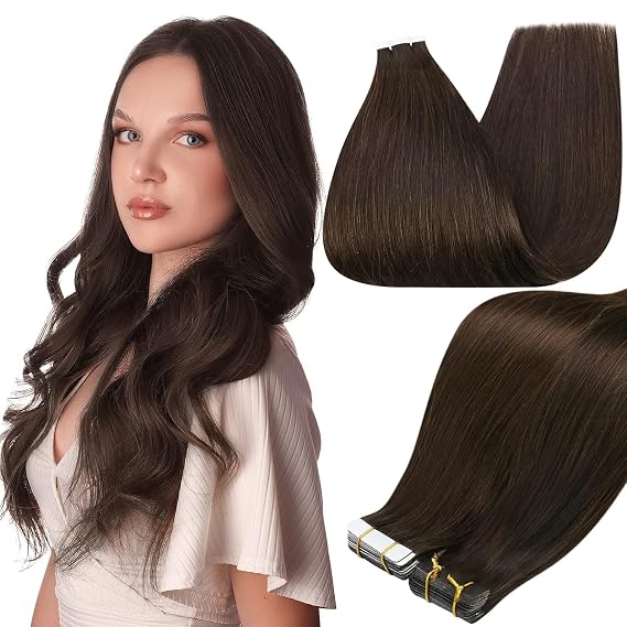 Full Shine Tape in Hair Extensions,Color 2 Darkest Brown,18 Inch and 12 Inch,Invisible Tape ins Remy Brazilian Hair Extension