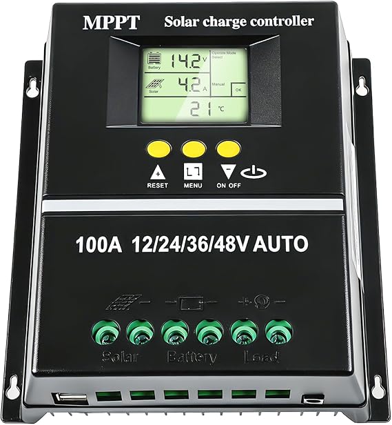 100A MPPT Solar Charge Controller, 12V/24V/36V/48V Auto Regulator | Solar Panel Charge Controller with LCD Display, Dual USB Ports, Intelligent Regulator, Max 100V Input for Rapid Charging