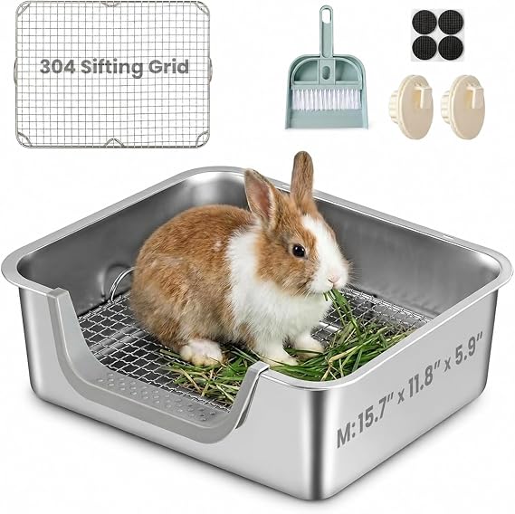 Rabbit Litter Box, Extra Large Bunny Litter Box with 304 Stainless Steel Sifting Grid, Safe Plastic-Covered Entry Edge & Hooks, Easy to Clean and Odor Control (15.7" 11.8" 5.9")