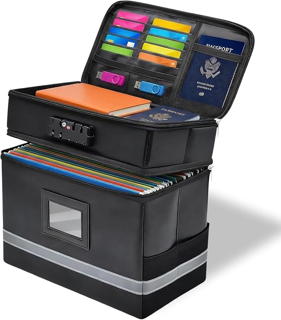 Fireproof Document Box with TSA Lock, Paperwork Organiser Box for Document Folder, Portable Filing Boxes a4 Storage for A4 Important Documents, File, Deed, Suspension File Boxs with Handle