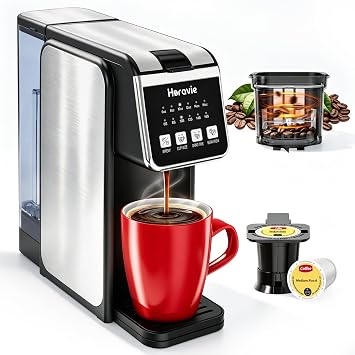 Horavie Single Serve Coffee Maker with Built-in Grinder, Fast Brew 6-16oz Single Cup for Whole Beans, Grounds, K Pod, Grind and Brew Coffee Maker with 47oz Water Tank, Descaling Alert, Black