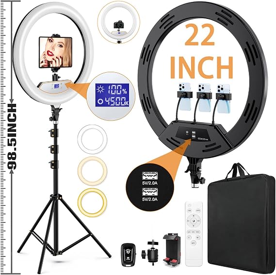 MACTREM Large 22" Ring Light for iPad iPhone with 75" Tripod Stand Barber | LCD Display,2 Usb Ports, Fits Ipad/Tablet 12.9", 2600k-6500k Color Temperature, for Barber/Tattoo Tiktok Video Recording Vlog