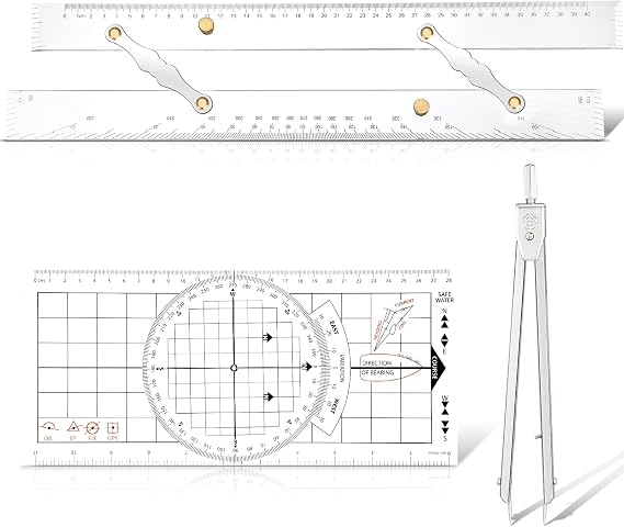 Motipuns 3 Pcs Basic Navigation Set, Include 16 Inch Marine Parallel Ruler with Clear Scales Navigation Divider Marine Nautical Protractor 6 Inch Marine Fixed Points Divider for Boat