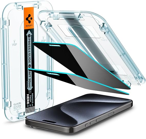 Spigen GlasTR EZ FIT Privacy Screen Protector for iPhone 15 Pro | 9H+ Tempered glass, Scratch resistance, Micro-louver Privacy Filter, Auto-align tray, Original touch, Case-friendly, 2 Pack