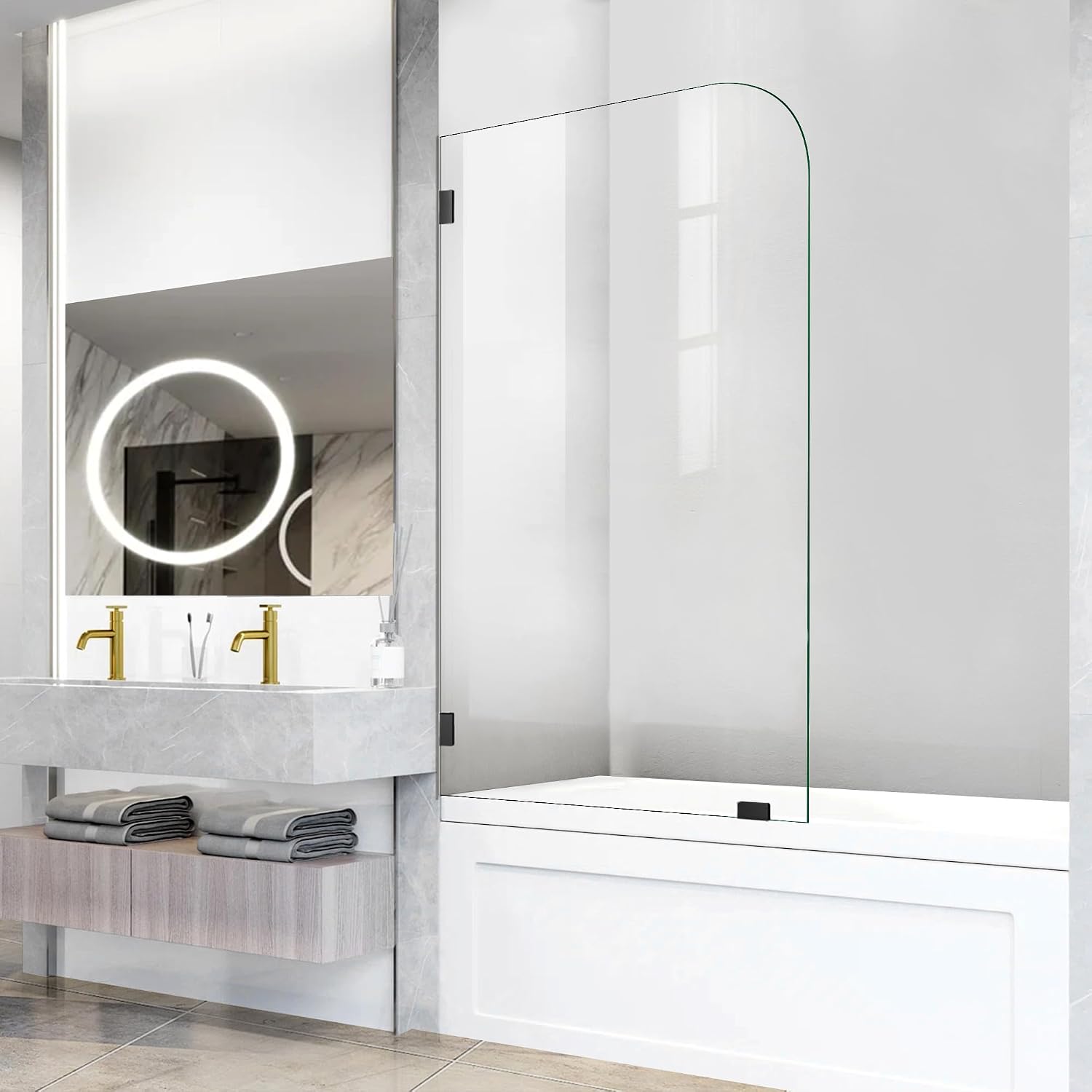 Frameless Bathtub Shower Door, 34 W X 58 H Single Fixed Bath Panel with Clamps, 146mm Clear Tempered Glass Bathroom Shower Screen, Bathtub Glass Panel in Matte Black