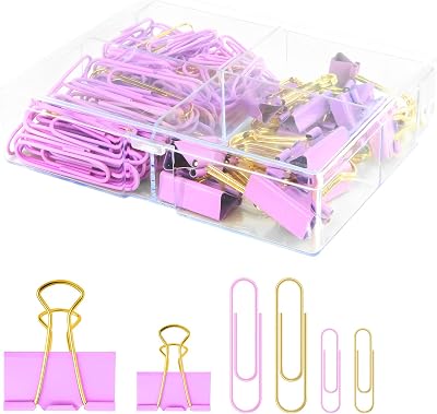Cute Paper Clips Binder Clips Combo Set, 165 Psc, Assorted Size Paper Clips for Office, Cute Office Supplies Set, Purple