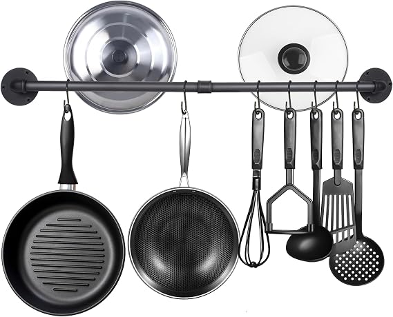 Aduanbang 37.8-Inch Wall-Mounted Pot Bar Rack, Detachable Kitchen Hanger for Pans, Lids & Utensils, Includes 14 S Hooks, Black