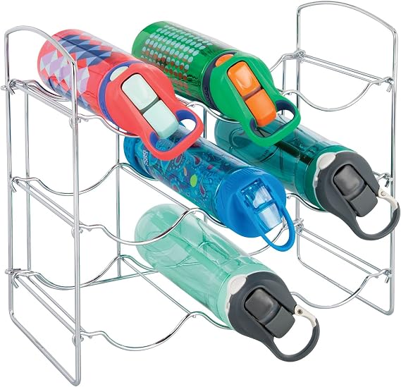 mDesign Metal Wire Free-Standing Water Bottle Rack - Storage Organizer for Kitchen Countertops, Pantry, Fridge - 3 Levels, Holds 9 Bottles - Chrome