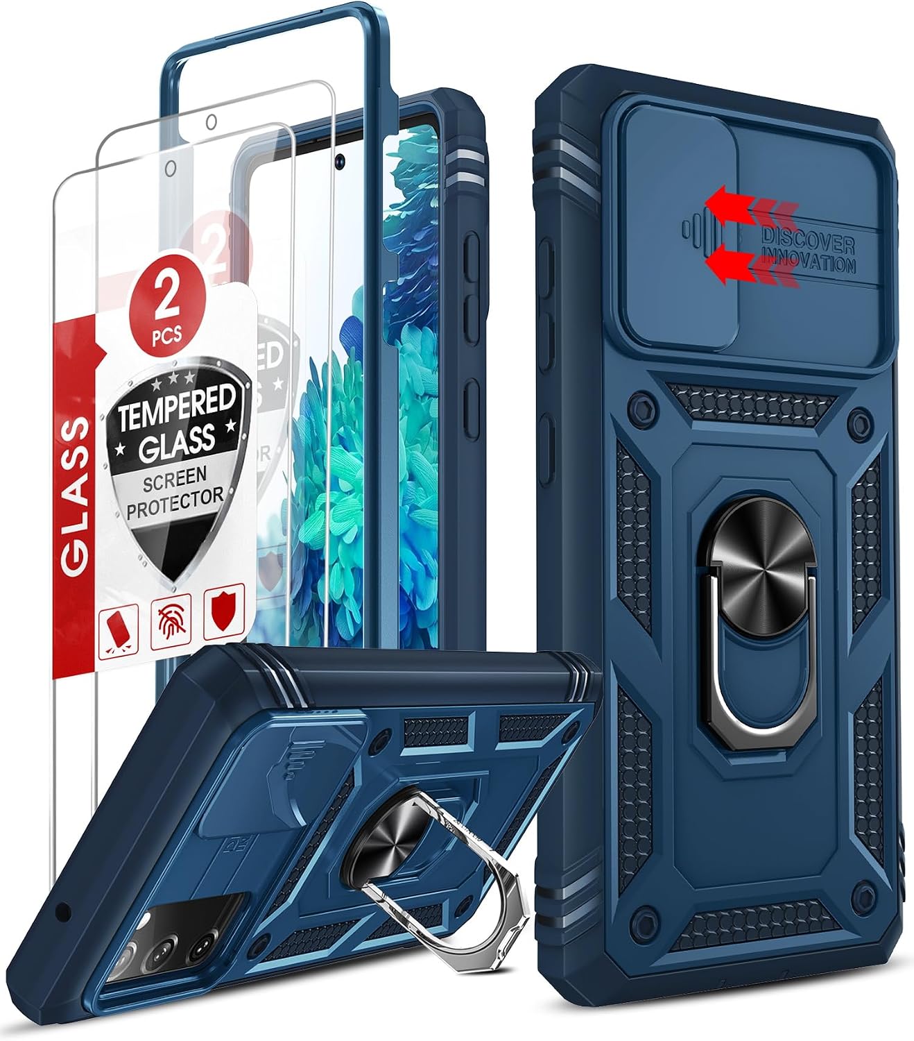 LeYi Compatible for Samsung S20 FE Case: S20 FE 5G Case with Slide Camera Cover  [2 Packs] Screen Protector, Military-Grade Protective Phone Case with Kickstand for S20 FE, Blue [NOT FIT S20]
