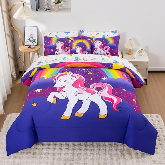 Unicorn Twin Bedding Sets for Girls Kids Teens, 6 Piece Bed in a Bag Purple Rainbow Theme Unicorn Comforter Set Bedroom Decor with Printed Sheet Set