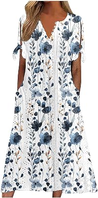 Womens Long Maxi Dresses Summer Casual Boho Dress Floral Print Short Sleeve Flowy Beach Party Sundress with Pockets