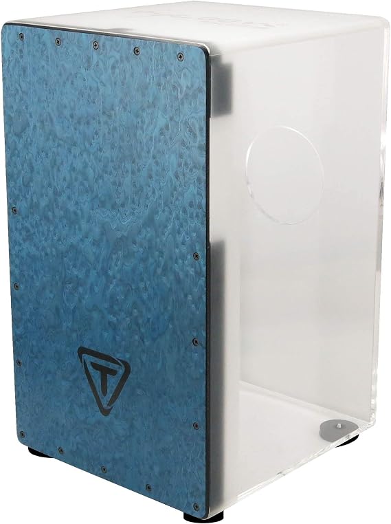 Tycoon Percussion Acrylic Cajon, 29cm Wide, Fiberglass Front Plate w/Blue Makah Burl Design, Transparent Acrylic Body, Adjustable Snare Wires, Expanded Bass Tones, 29 Series, Clear (TKX-29)