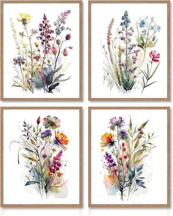 Dazzlewall 4 pcs Watercolour Wall Art Print, Colourful Floral Botanical Artwork Print, Minimalist Wall Decor for Bedroom Living Room Bathroom, 8x10 in Unframed