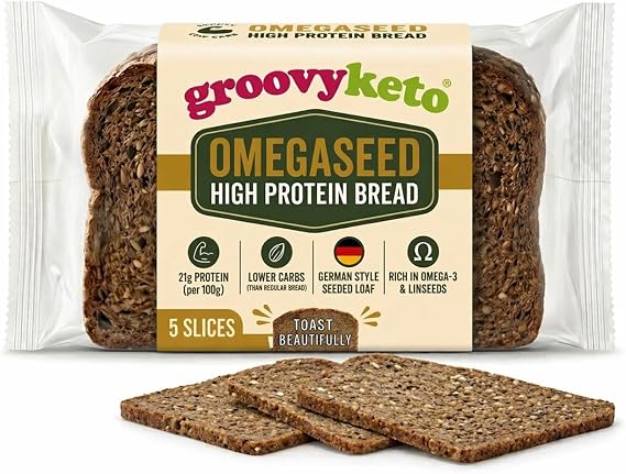 Groovy Keto Omegaseed High Protein Bread, German-Style Seeded Loaf, 10.6g Protein & 4.6g Fibre Per Slice, Low Carb, Linseed Sunflower Rye Sourdough (2 Pack)