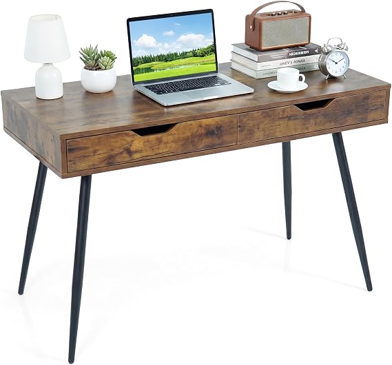 Tangkula Mid Century Desk with 2 Storage Drawers, Modern Writing Study Desk with Rubber Wood Legs, Versatile Home Office Study Desk for Small Space, Vanity Table for Bedroom (Rustic Brown)