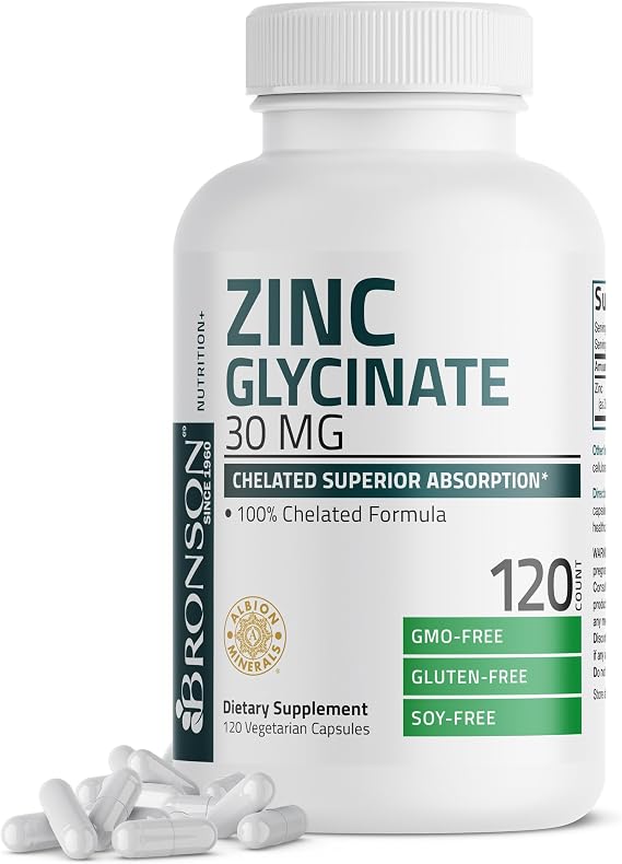 Bronson Zinc Glycinate 30 mg (Zinc Bisglycinate Chelate), 120 Capsules | 100% Chelated Zinc from Albion Minerals for Absorption & Stability, Vegetarian, Non-GMO, Gluten-Free & Soy-Free