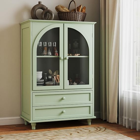 Minimalist White Buffet Cabinet with Double Glass Doors and Drawer, Modern Wooden Storage Sideboard Cupboard for Living Room, Dining Room Hallway Entryway (Arched Deco, Green)