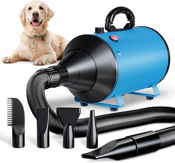 Dog Dryer Blower, Very Quiet, 3000W, Adjustable Speed, Dog Grooming Dryer Blower with 4 Different Nozzles and Flexible Hose