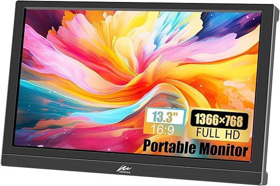 Kenowa Portable Monitor 13.3 Inch HD 1366x768P LED Screen Small HDMI Monitor Built-in Speaker and Adjustable Stand HDMI VGA Port, External Display for Laptop PC Mac Xbox PS4/5
