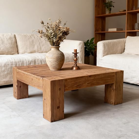 Rustic Wooden Coffee Table for Living Room, Big Square Coffee Table