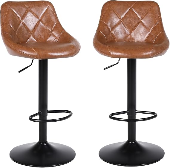 Swivel Bar Stools Set 2, Adjustable Height, PU Leather, Brown