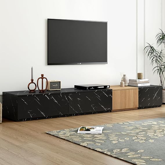 85 inch TV Stand Modern Free-Combination Entertainment Center Media TV Console Cabinet with 4 Storage Drawers for Living Room, Black Faux Marble and Walnut Wood Grain Finish