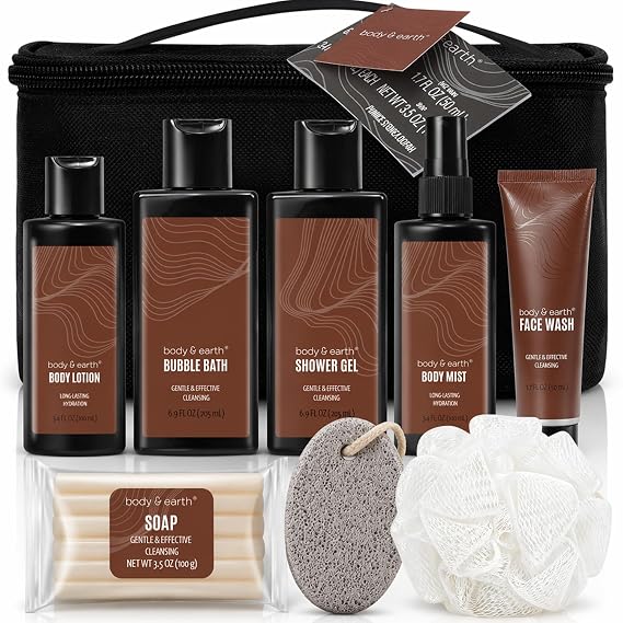 Body & Earth Sandalwood 8pc Spa Gifts for Men Spa Baskets for Men | 8pc Sandalwood Bath Set, Gifts for Him, Gifts for Men, Mens Lotion, Birthday Gifts for Men, Travel Size Toiletries for Man