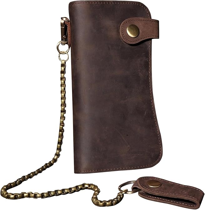 Mens Wallet with Chain Leather Long Bifold Trucker Wallet Vintage Biker Money Clip with Zipper