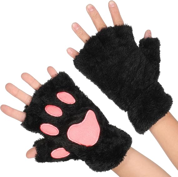 Xindojuz Cat Paw Gloves, Faux Fur Bear Furry Winter Plush Fingerless Paw Gloves for Women Girls, Cute Warm Hand Gear Halloween Christmas Cosplay Costume Accessories (Black)